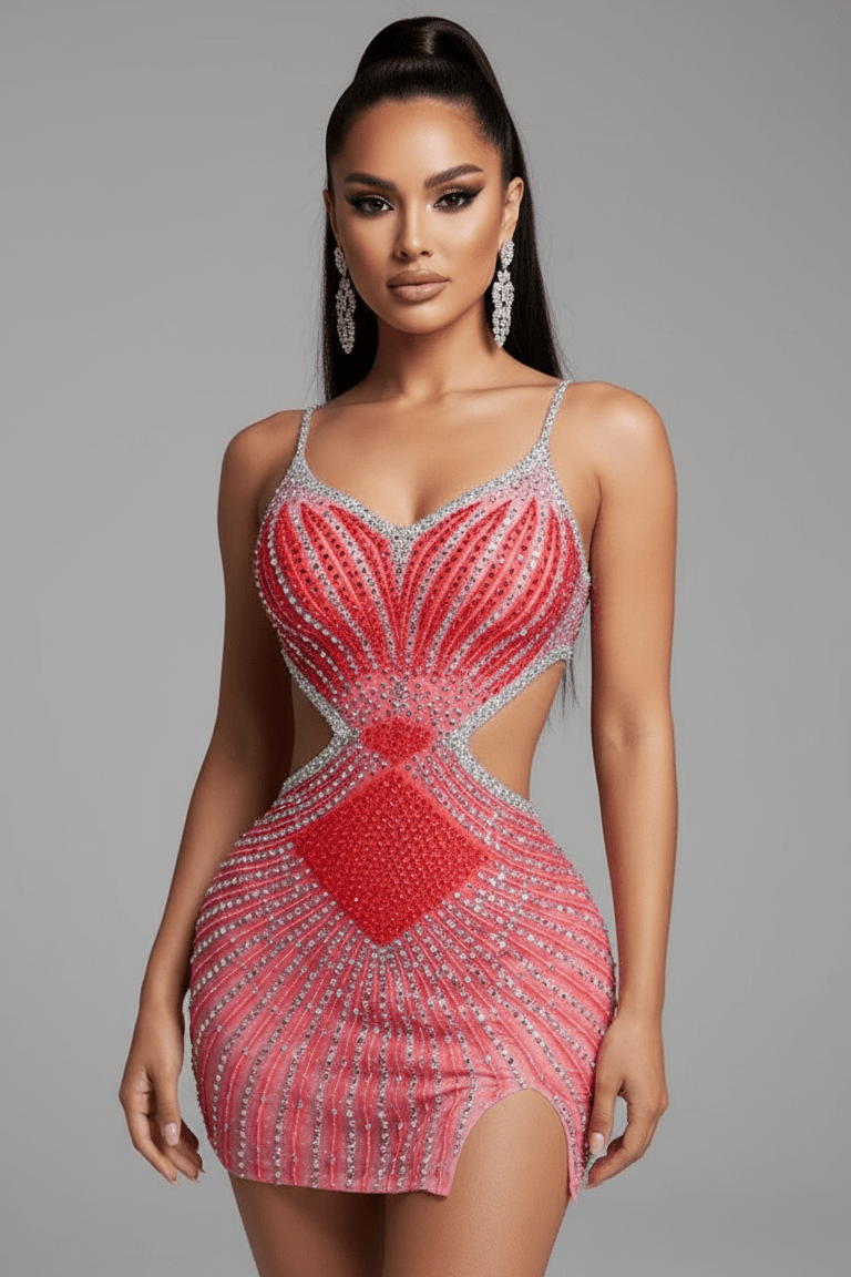 Saphira Pink Rhinestone Cutout Mini Dress by Luxe Lane | Club Dresses from Luxe Lane | SKU: -9 | Barcode:  | Options: Red S | Saphira Pink Rhinestone Cutout Mini Dress