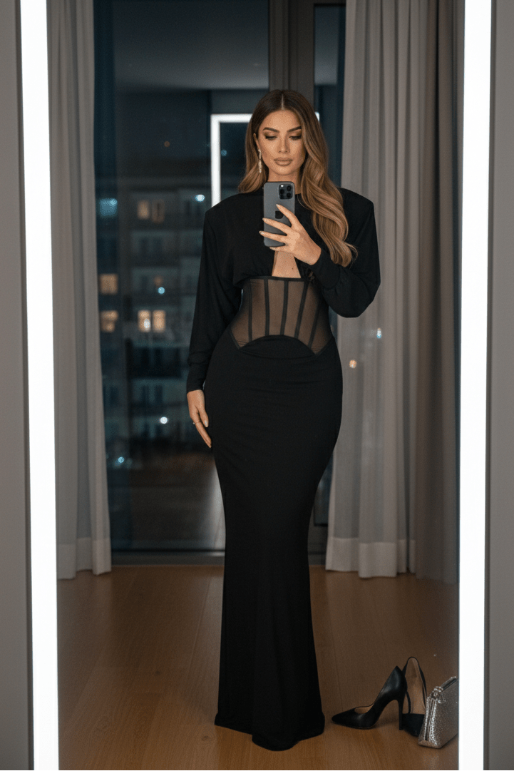 Satin Cutout Corset Bodycon Maxi Evening Dressheath gownBlackS(6)blackLuxe Lane