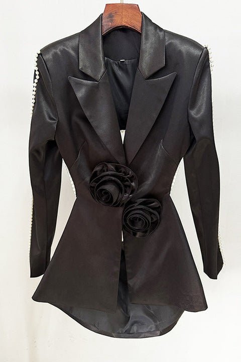 Satin Flower Blazer & Beaded Flare Pants Set by Luxe Lane | Suits from Luxe Lane | SKU: W11356-1 | Barcode:  | Options: White S | Wholesale Women's Clothing Elegant White Satin 3D Flower Blazer Pearl Trim Sheer Beaded Flare Pants Set Luxury Suits for Women