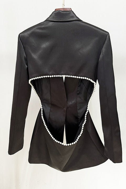 Satin Flower Blazer & Beaded Flare Pants Set by Luxe Lane | Suits from Luxe Lane | SKU: W11356-1 | Barcode:  | Options: White S | Wholesale Women's Clothing Elegant White Satin 3D Flower Blazer Pearl Trim Sheer Beaded Flare Pants Set Luxury Suits for Women