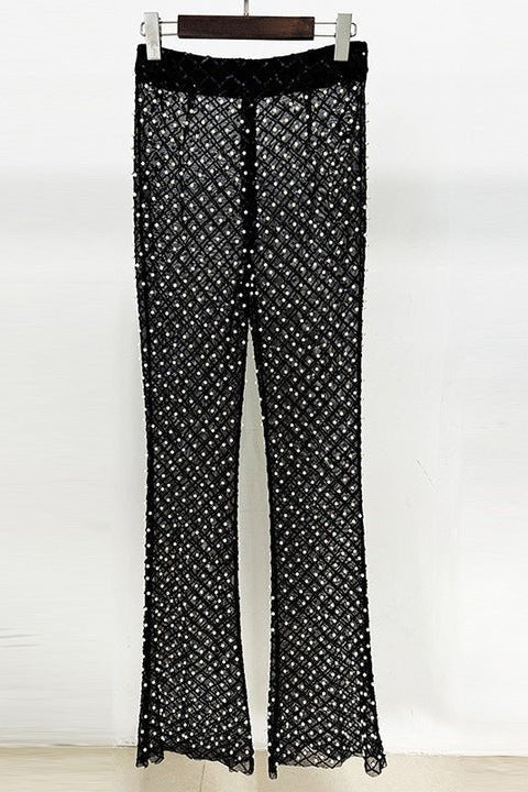 Satin Flower Blazer & Beaded Flare Pants Set by Luxe Lane | Suits from Luxe Lane | SKU: W11356-1 | Barcode:  | Options: White S | Wholesale Women's Clothing Elegant White Satin 3D Flower Blazer Pearl Trim Sheer Beaded Flare Pants Set Luxury Suits for Women