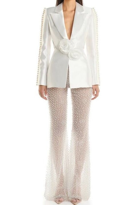 Satin Flower Blazer & Beaded Flare Pants Set by Luxe Lane | Suits from Luxe Lane | SKU: W11356-6 | Barcode:  | Options: Black S | Wholesale Women's Clothing Elegant White Satin 3D Flower Blazer Pearl Trim Sheer Beaded Flare Pants Set Luxury Suits for Women