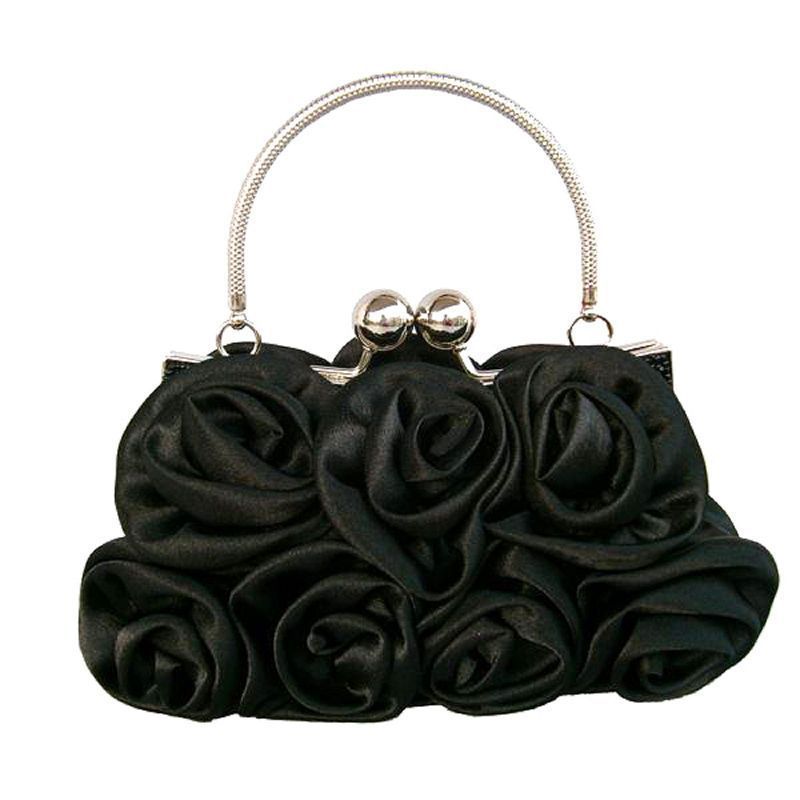 Satin Flower Evening Bag with Lock Closure by CJ | 0 from Luxe Lane | SKU: CJNS119314001AZ | Barcode:  | Options: Black | Satin Flower Evening Bag with Lock Closure