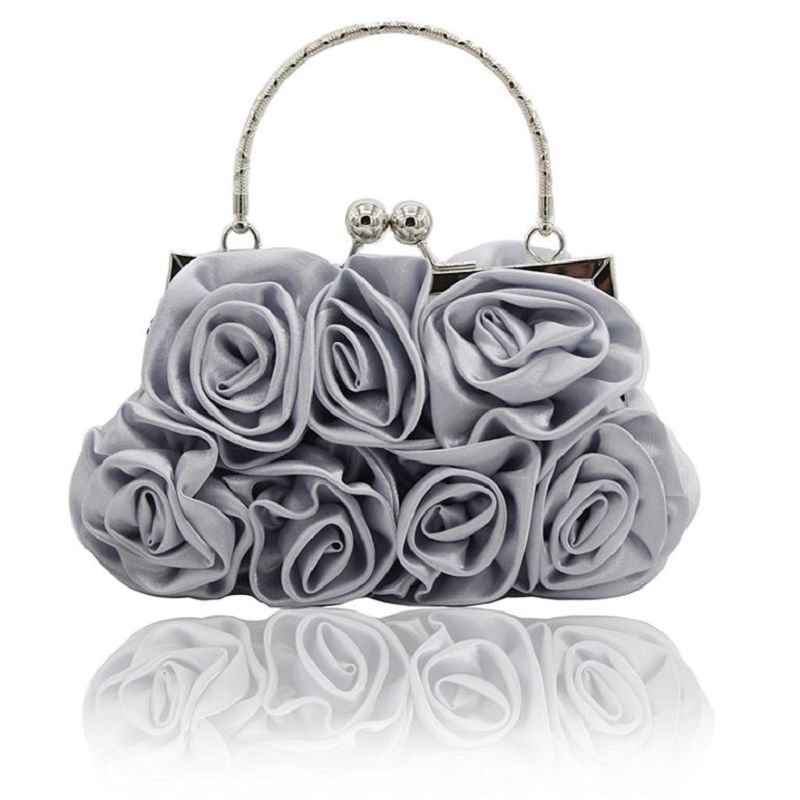 Satin Flower Evening Bag with Lock Closure by CJ | 0 from Luxe Lane | SKU: CJNS119314004DW | Barcode:  | Options: Grey | Satin Flower Evening Bag with Lock Closure