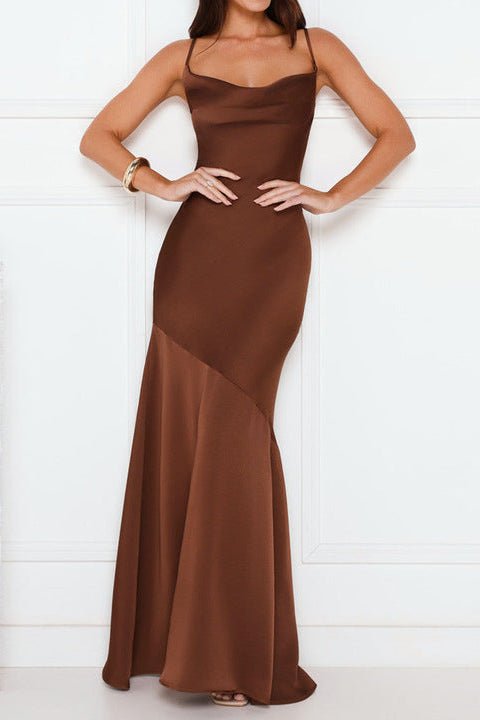 Satin Spaghetti Strap Mermaid Maxi Evening Dress by Luxe Lane | mermaid gown from Luxe Lane | SKU: -1 | Barcode:  | Options: Brown XS(4) | OEM ODM Custom Brown Satin Womens Maxi Mermaid Dress Elegant Spaghetti Strap Evening Gown Party Formal Wear