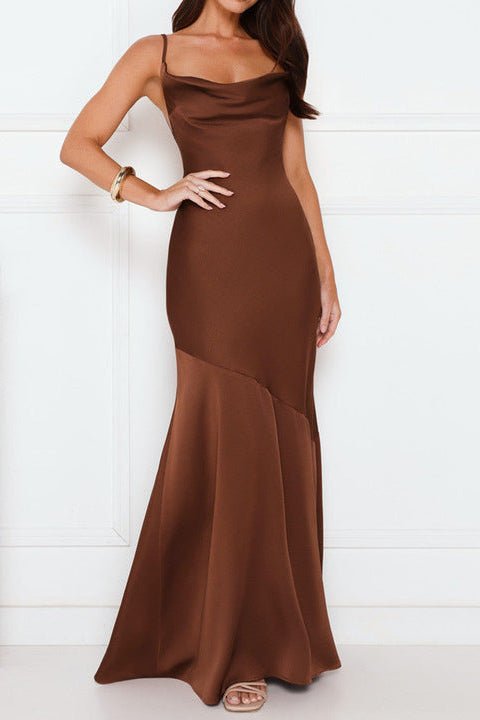 Satin Spaghetti Strap Mermaid Maxi Evening Dress by Luxe Lane | mermaid gown from Luxe Lane | SKU: -1 | Barcode:  | Options: Brown XS(4) | OEM ODM Custom Brown Satin Womens Maxi Mermaid Dress Elegant Spaghetti Strap Evening Gown Party Formal Wear