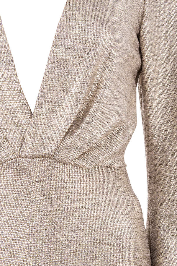 Metallic Plunge Long Sleeve Jumpsuit