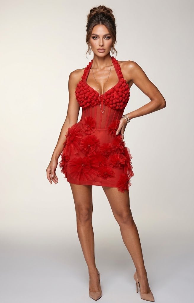 Scarlet Bloom Halter Mini DressEvening DressesRedS(2)Luxe Lane