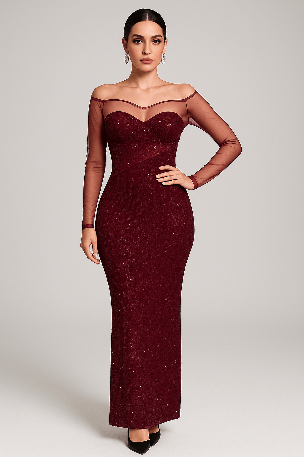 Scarlett Mesh Rhinestone Fishtail Gown by Luxe Lane | from Luxe Lane | SKU:  | Barcode:  | Options: Wine red XS | Scarlett Mesh Rhinestone Fishtail Gown