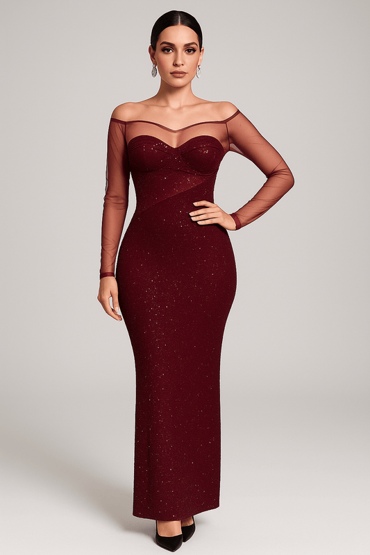 Scarlett Mesh Rhinestone Fishtail Gown by Luxe Lane | from Luxe Lane | SKU:  | Barcode:  | Options: Wine red XS | Scarlett Mesh Rhinestone Fishtail Gown