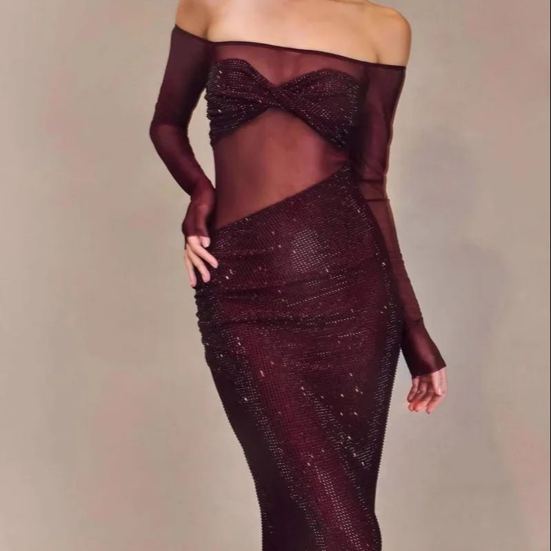 Scarlett Mesh Rhinestone Fishtail Gown by Luxe Lane | from Luxe Lane | SKU:  | Barcode:  | Options: Wine red XS | Wholesale Womens Clothing Sexy Mesh Party Dress Long Sleeve Rhinestone Wine Red Fishtail Evening Dresses for Valentine Day