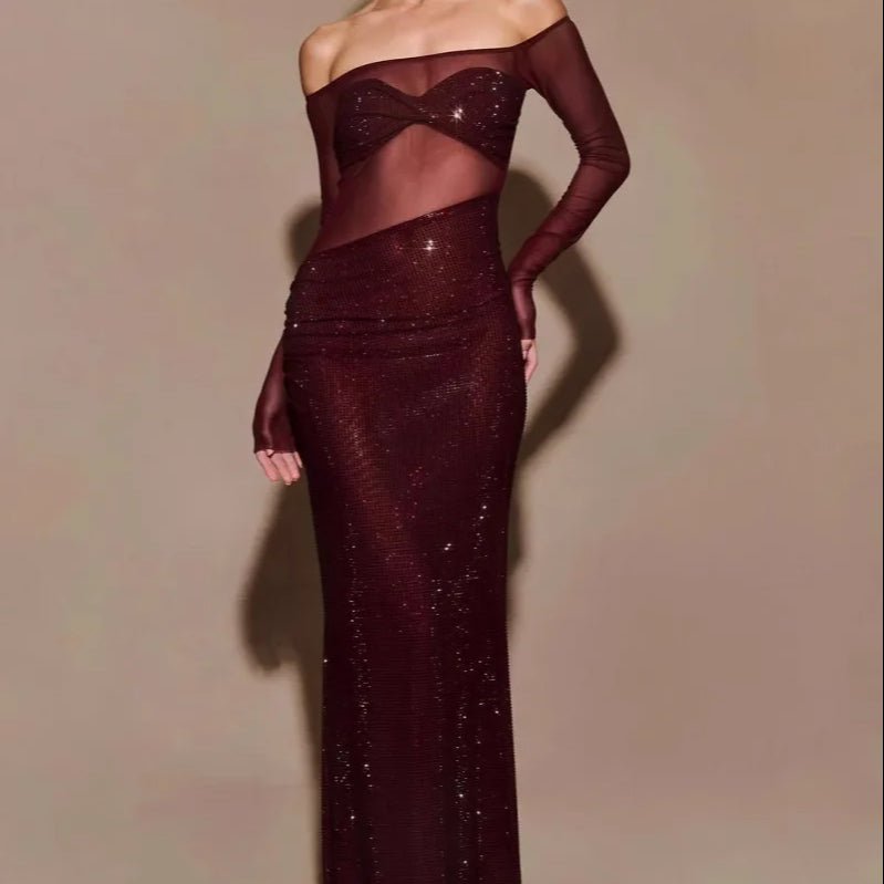 Scarlett Mesh Rhinestone Fishtail Gown by Luxe Lane | from Luxe Lane | SKU:  | Barcode:  | Options: Wine red XS | Wholesale Womens Clothing Sexy Mesh Party Dress Long Sleeve Rhinestone Wine Red Fishtail Evening Dresses for Valentine Day