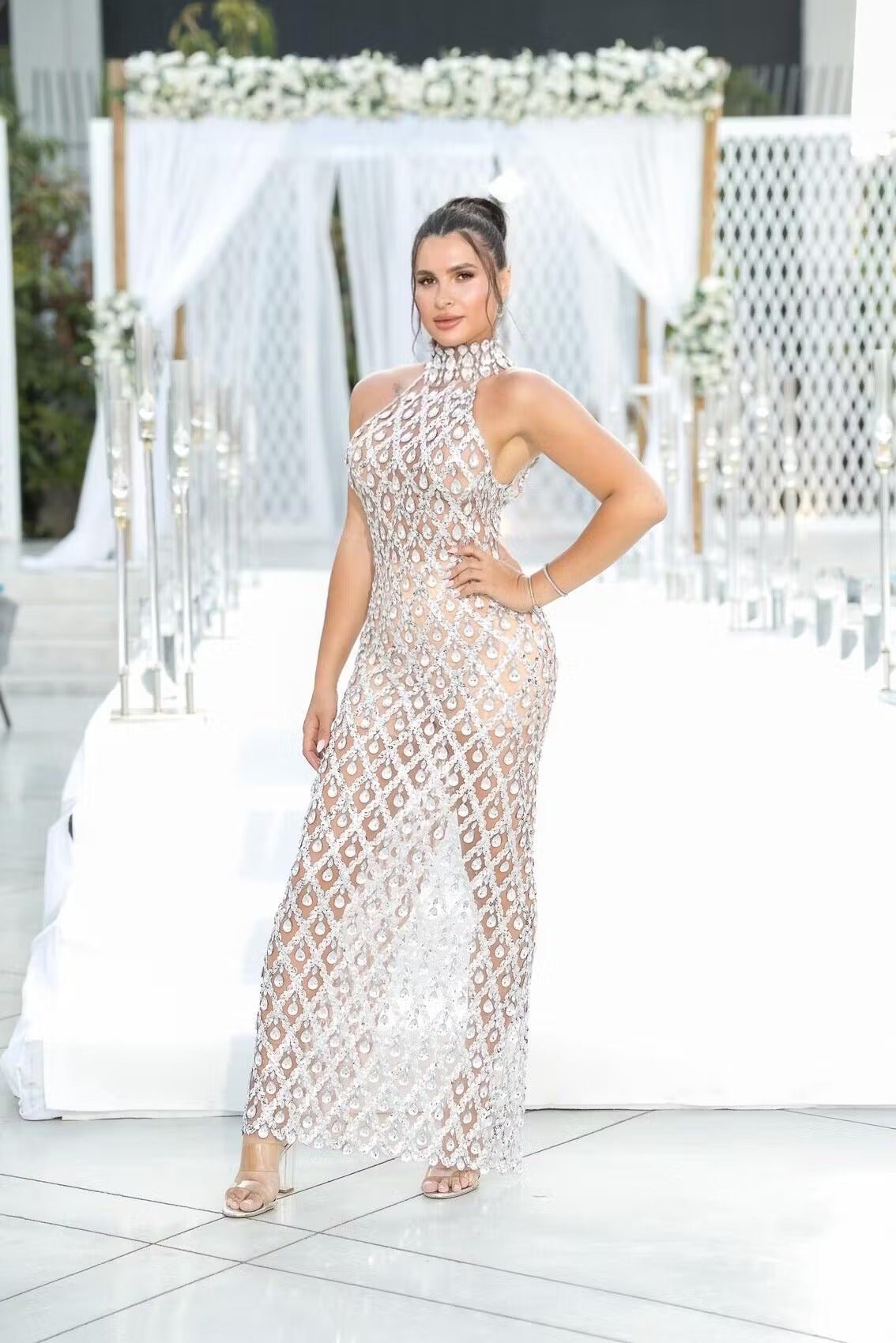 Selena Diamond Halter Gown by Luxe Lane | from Luxe Lane | SKU:  | Barcode:  | Options: Silver S | Selena Diamond Halter Gown