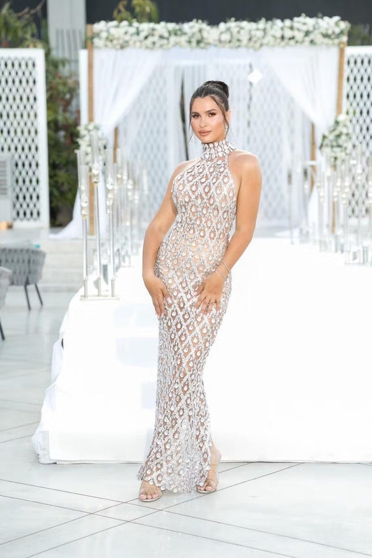 Selena Diamond Halter Gown by Luxe Lane | from Luxe Lane | SKU:  | Barcode:  | Options: Silver S | Selena Diamond Halter Gown