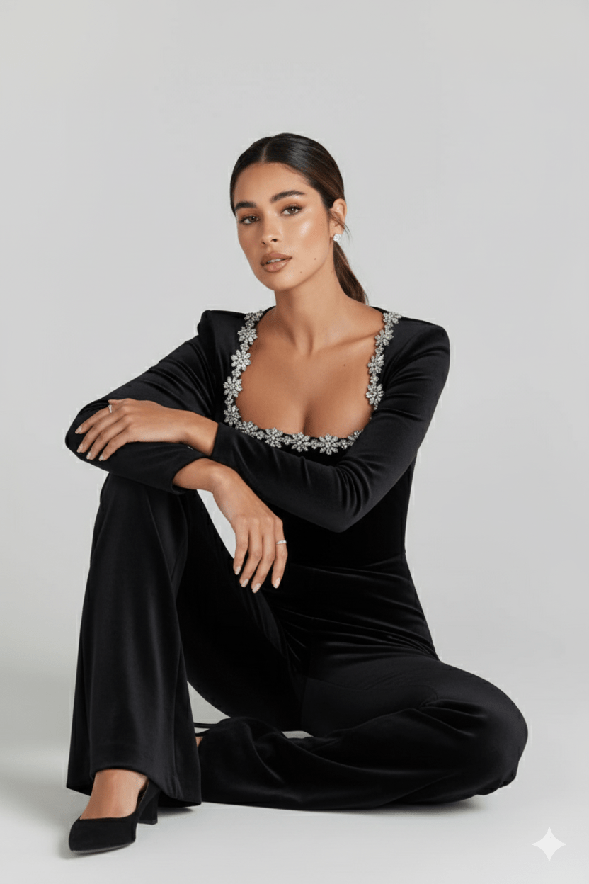 Selena Velvet Rhinestone Jumpsuit by Luxe Lane | from Luxe Lane | SKU:  | Barcode:  | Options: Black S | Selena Velvet Rhinestone Jumpsuit