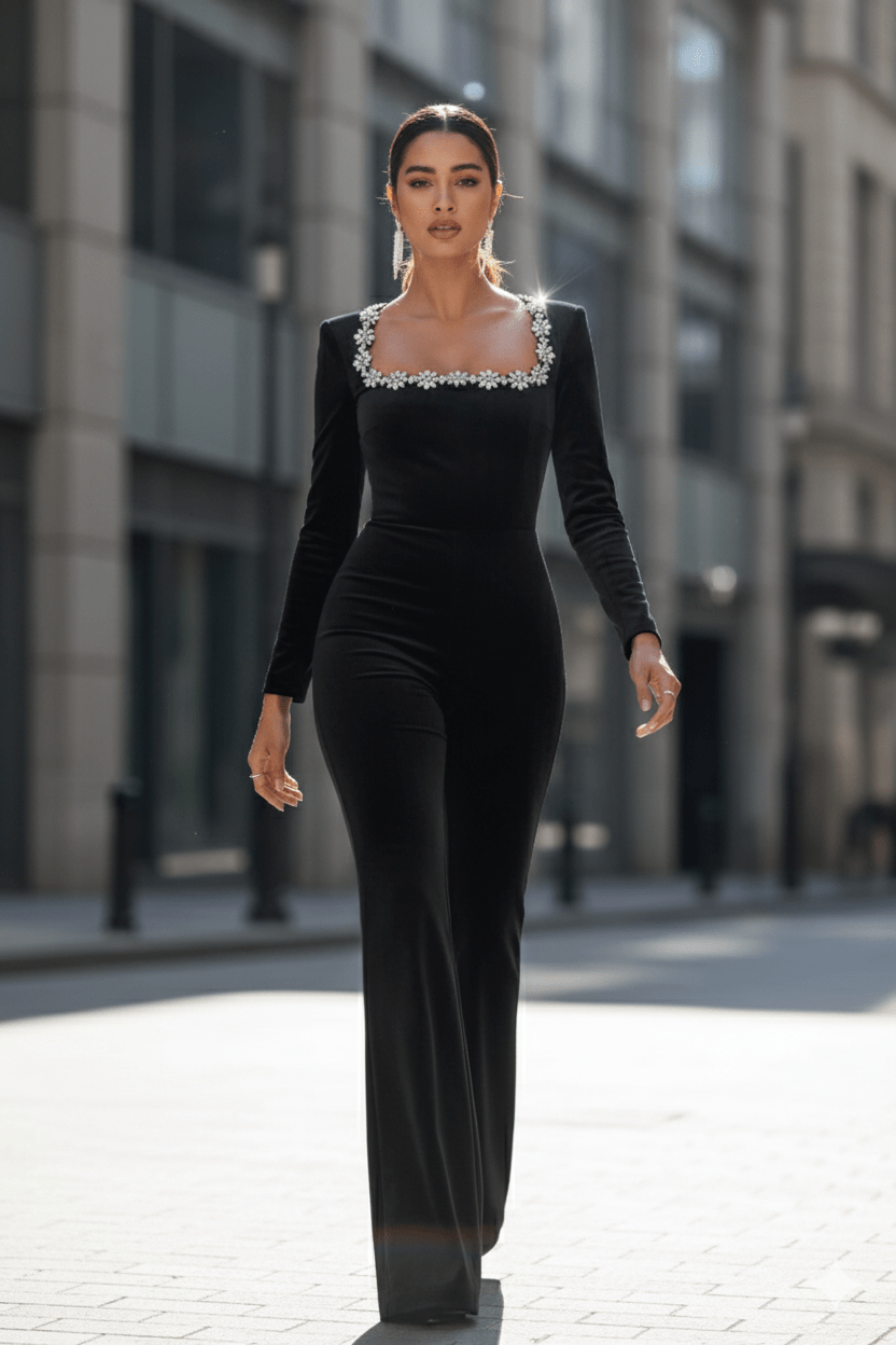 Selena Velvet Rhinestone Jumpsuit by Luxe Lane | from Luxe Lane | SKU:  | Barcode:  | Options: Black S | Selena Velvet Rhinestone Jumpsuit
