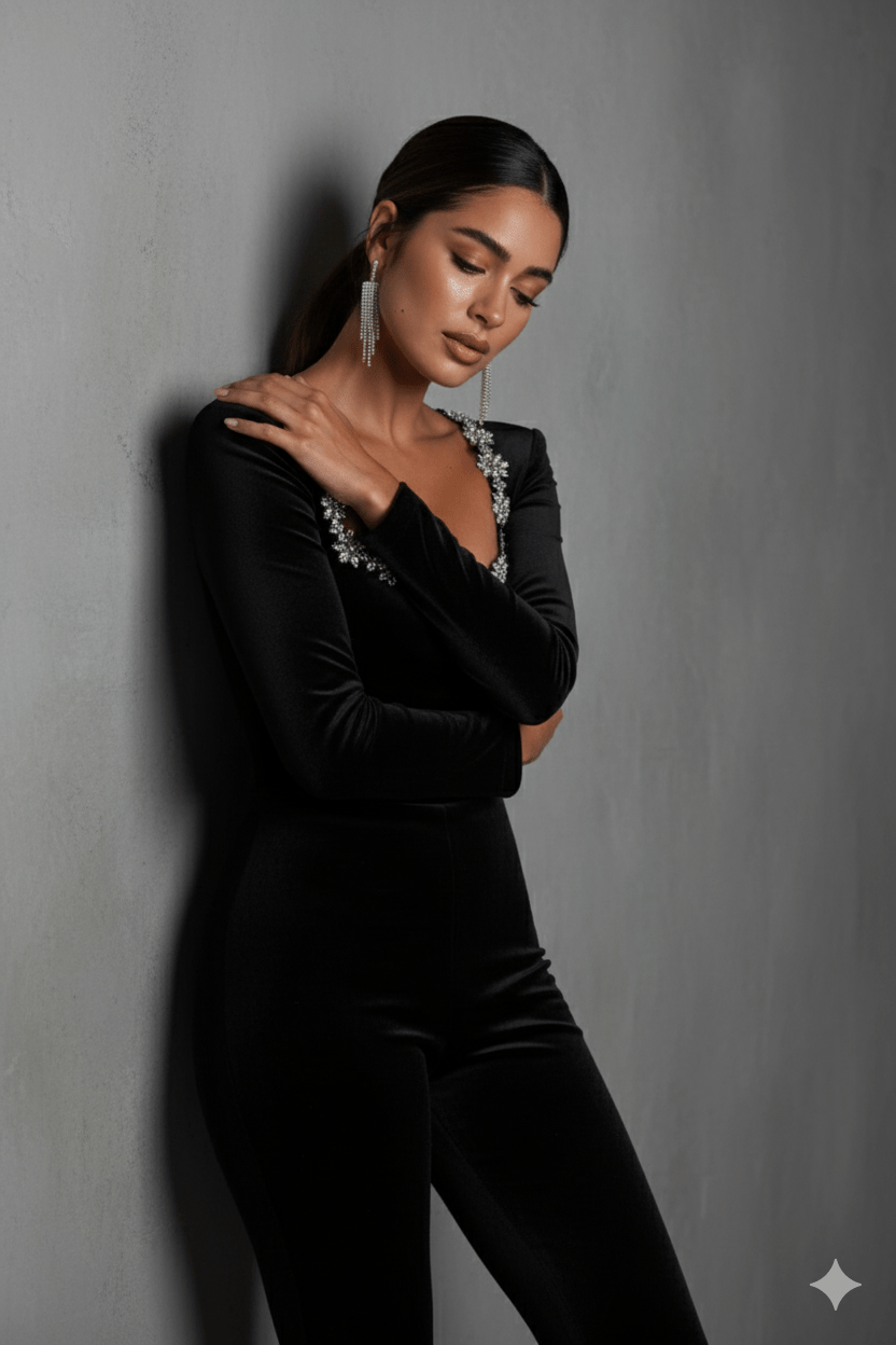 Selena Velvet Rhinestone Jumpsuit by Luxe Lane | from Luxe Lane | SKU:  | Barcode:  | Options: Black S | Selena Velvet Rhinestone Jumpsuit
