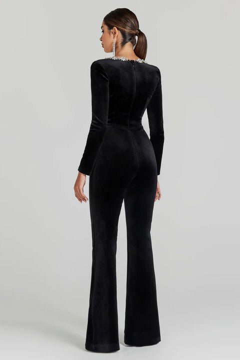 Selena Velvet Rhinestone Jumpsuit by Luxe Lane | from Luxe Lane | SKU:  | Barcode:  | Options: Black S | Dropshipping Ladies Elegant Rhinestone Jumpsuit Enterizos Para Mujer Women Romper Pants Jumpsuits