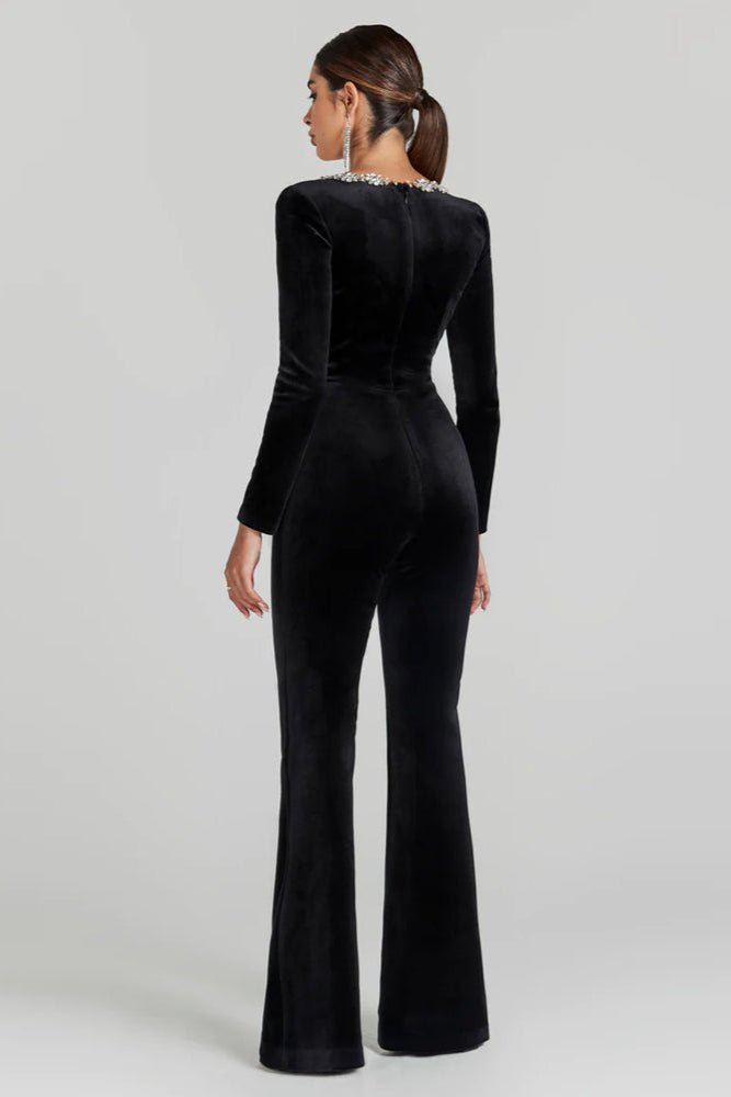 Selena Velvet Rhinestone Jumpsuit by Luxe Lane | from Luxe Lane | SKU:  | Barcode:  | Options: Black S | Selena Velvet Rhinestone Jumpsuit
