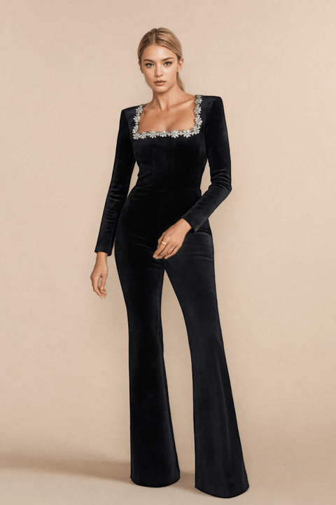 Selena Velvet Rhinestone Jumpsuit by Luxe Lane | from Luxe Lane | SKU:  | Barcode:  | Options: Black S | Dropshipping Ladies Elegant Rhinestone Jumpsuit Enterizos Para Mujer Women Romper Pants Jumpsuits