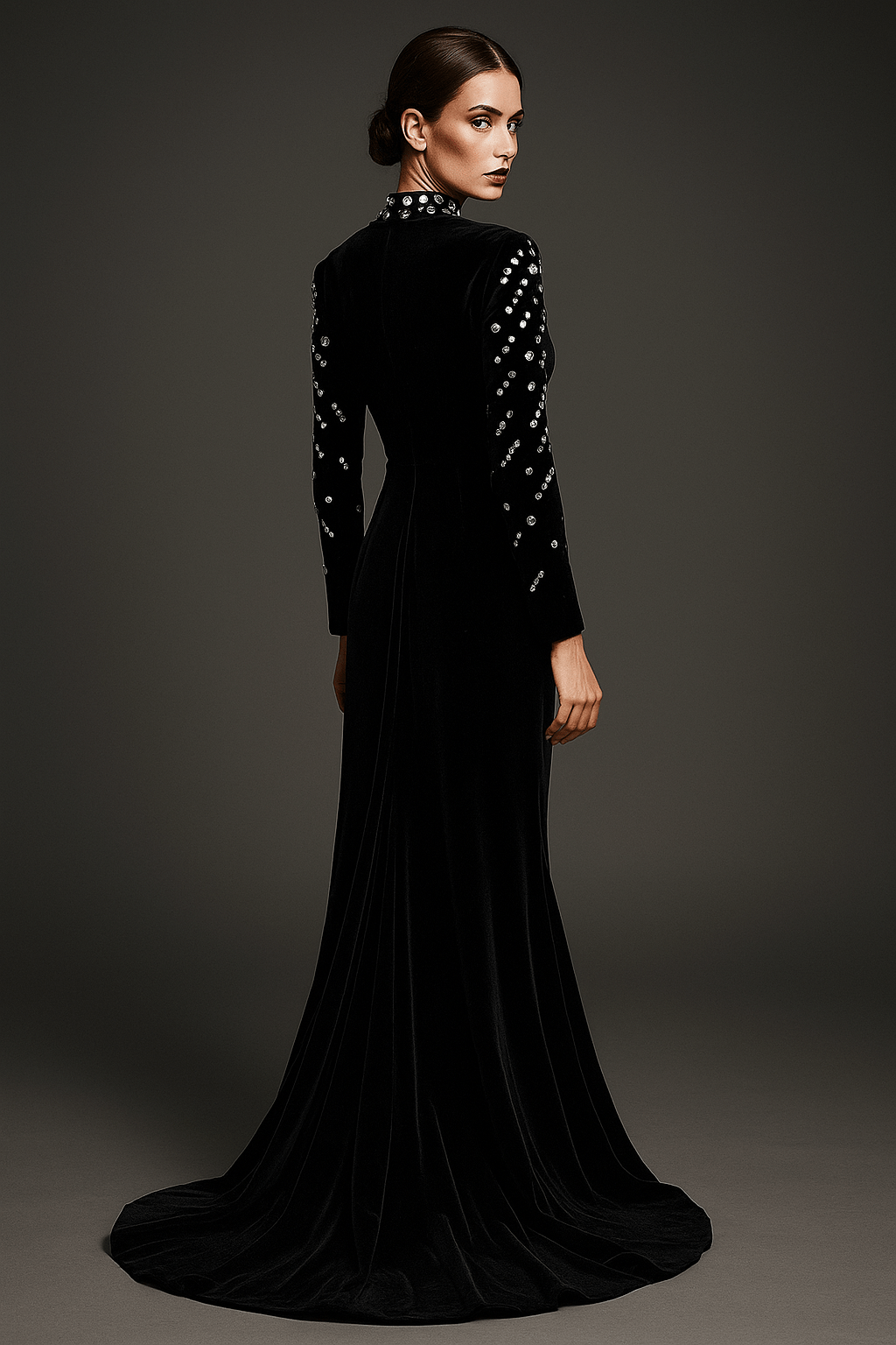 Seliora Velvet Rhinestone Mermaid Gown by luxe lane| mermaid gown from Luxe Lane | SKU: W11398-1 | Barcode:  | Options: Black S | Woman wearing a black evening gown with intricate detailing on a dark background