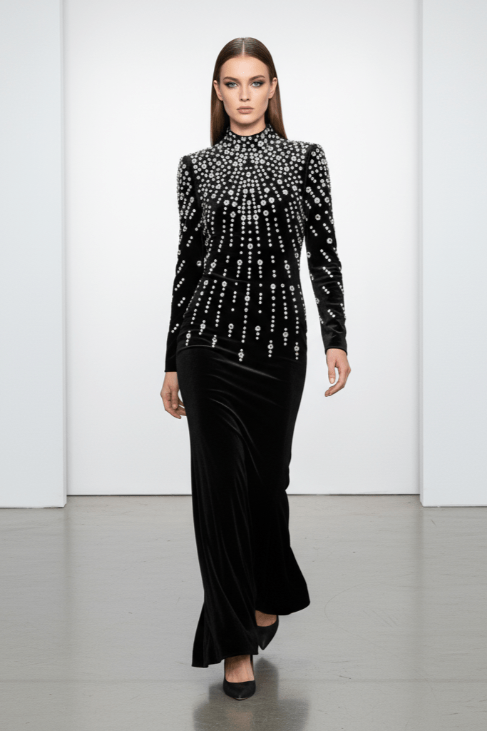 Seliora Velvet Rhinestone Mermaid Gown by luxe lane| mermaid gown from Luxe Lane | SKU: W11398-1 | Barcode:  | Options: Black S | Model wearing a black outfit with silver embellishments on a runway.