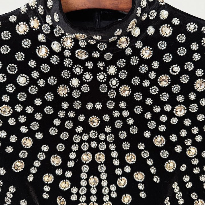 Seliora Velvet Rhinestone Mermaid Gown by luxe lanelane| mermaid gown from Luxe Lane | SKU: W11398-1 | Barcode:  | Options: Black S | Luxury Black Velvet Rhinestone Long Dress Women 2025 High Neck Slim Fit Mermaid Gown Full Sleeve Formal Maxi Evening Dresses