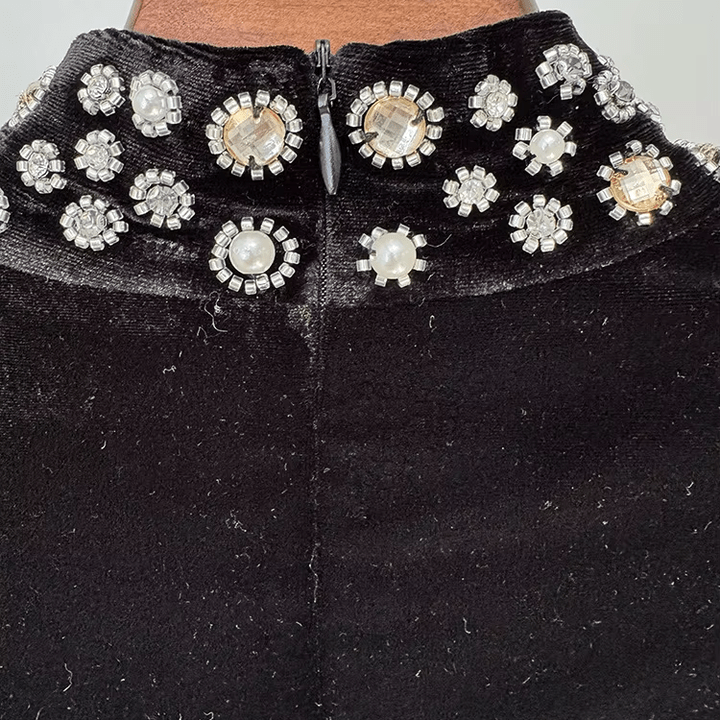 Seliora Velvet Rhinestone Mermaid Gown by luxe lane| mermaid gown from Luxe Lane | SKU: W11398-1 | Barcode:  | Options: Black S | Luxury Black Velvet Rhinestone Long Dress Women 2025 High Neck Slim Fit Mermaid Gown Full Sleeve Formal Maxi Evening Dresses