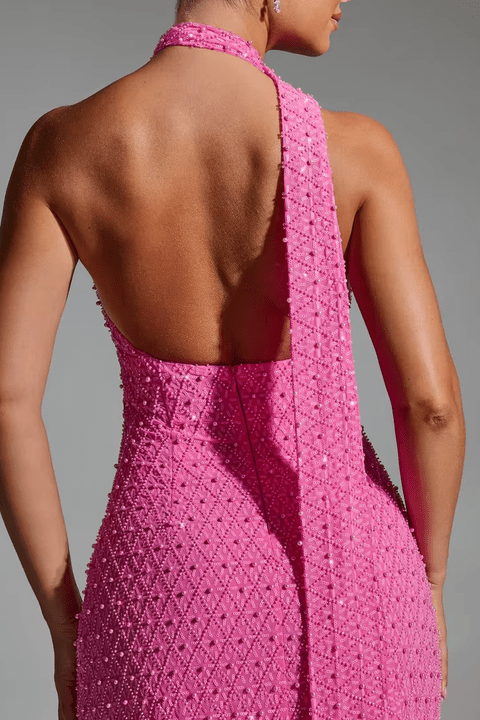 Sequin Beaded Halter Mini Bodycon Dress by Shine | Club Dresses from Luxe Lane | SKU: HB9836B-1 | Barcode:  | Options: Rose red S(6) | Wholesale Women's Sexy Sequin Beaded Mini Bodycon Club Dresses Hot Pink Halter Neck Evening Party Mini Dress
