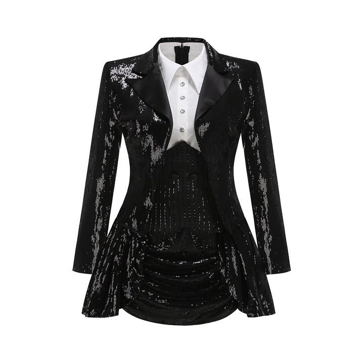 Sequin Blazer and Ruffle Skirt Set by Shine | from Luxe Lane | SKU: -1 | Barcode:  | Options: Black S(6) | 2025 Trending Women's Clothing Black Sequin Blazer Set Women's White Shirt Corset Top Ruffle Skirt 2 Piece Skirt Suit Set