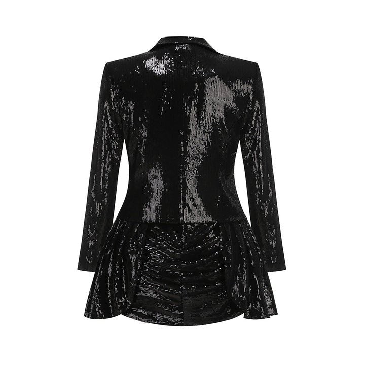 Sequin Blazer and Ruffle Skirt Set by Shine | from Luxe Lane | SKU: -1 | Barcode:  | Options: Black S(6) | 2025 Trending Women's Clothing Black Sequin Blazer Set Women's White Shirt Corset Top Ruffle Skirt 2 Piece Skirt Suit Set