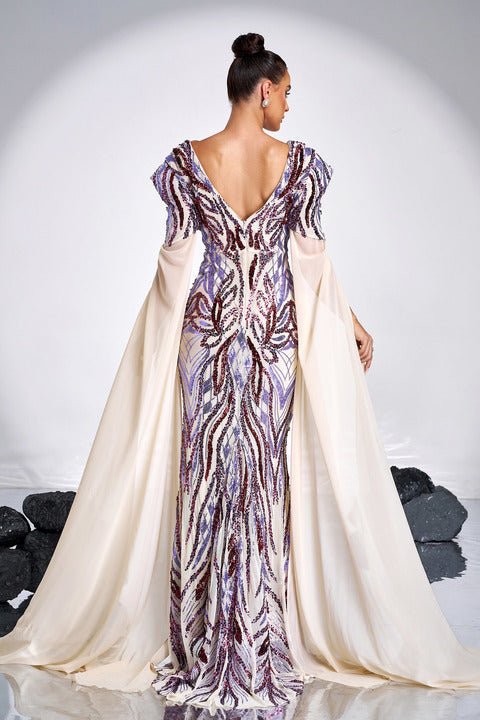 Sequin Cape Evening Gown by Shine | heath gown from Luxe Lane | SKU: -1 | Barcode:  | Options: Purple S(6) | Luxury Sequin Cape Evening Gown Women Elegant V Neck Split Maxi Dress Sparkly Beaded Long Formal Prom Party Outfit