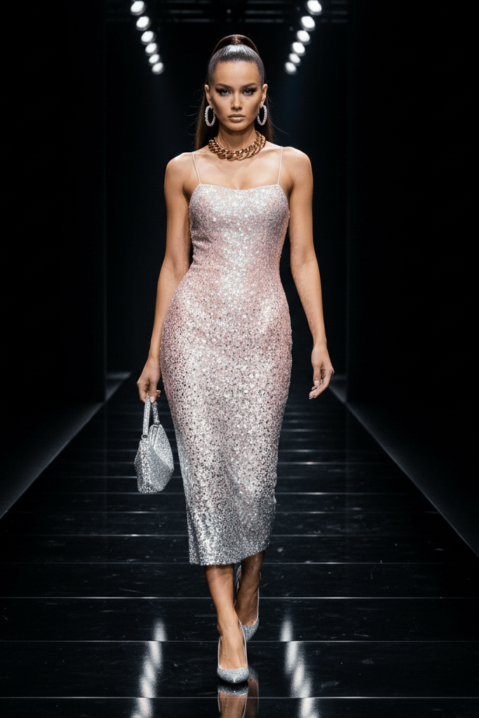 Sequin Cut - Out Contrast Dinner Dress by Shine | Party Dresses from Luxe Lane | SKU: -1 | Barcode:  | Options: Champagne XS | Sequin Cut - Out Contrast Dinner Dress