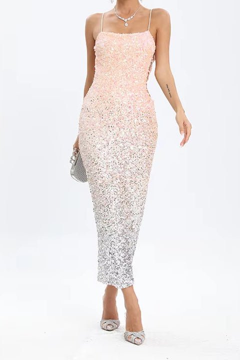 Sequin Cut - Out Contrast Dinner Dress by Shine | Party Dresses from Luxe Lane | SKU: -1 | Barcode:  | Options: Champagne XS | Formal Luxury Dresses Women Elegant Contrast Colors Hollow - Out Sequin Dinner Dress