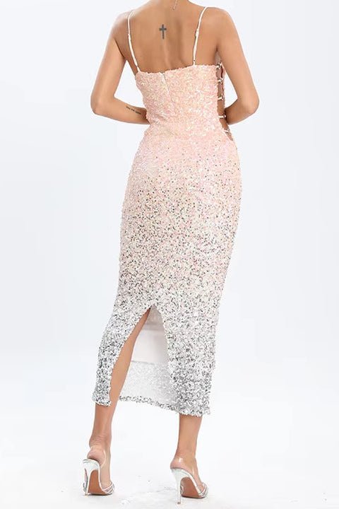 Sequin Cut - Out Contrast Dinner Dress by Shine | Party Dresses from Luxe Lane | SKU: -1 | Barcode:  | Options: Champagne XS | Formal Luxury Dresses Women Elegant Contrast Colors Hollow - Out Sequin Dinner Dress