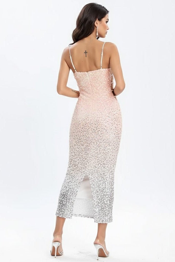Sequin Cut - Out Contrast Dinner Dress by Shine | Party Dresses from Luxe Lane | SKU: -1 | Barcode:  | Options: Champagne XS | Sequin Cut - Out Contrast Dinner Dress