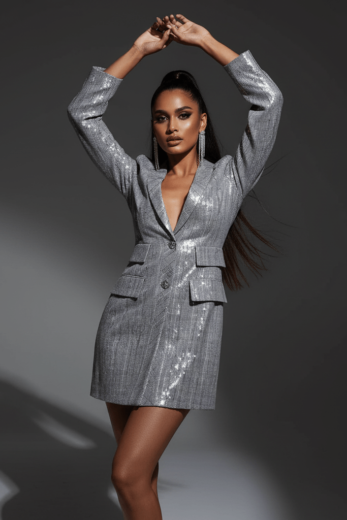 Sequin Deep V Blazer Dress by Luxe Lane | Blazer from Luxe Lane | SKU: -1 | Barcode:  | Options: Silver XS(4) | Sequin Deep V Blazer Dress