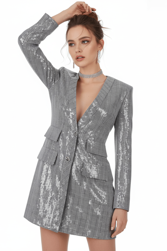 Sequin Deep V Blazer Dress by Luxe Lane | Blazer from Luxe Lane | SKU: -1 | Barcode:  | Options: Silver XS(4) | Sequin Deep V Blazer Dress
