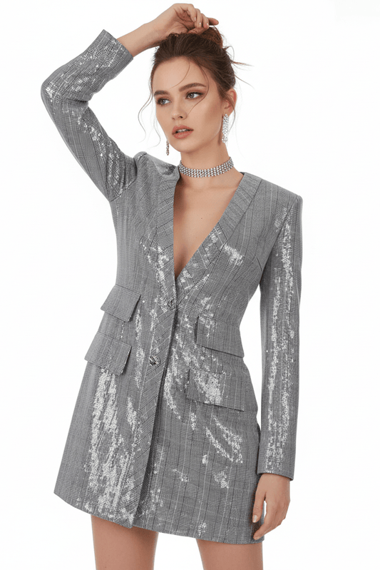 Sequin Deep V Blazer Dress by Luxe Lane | Blazer from Luxe Lane | SKU: -1 | Barcode:  | Options: Silver XS(4) | Sequin Deep V Blazer Dress