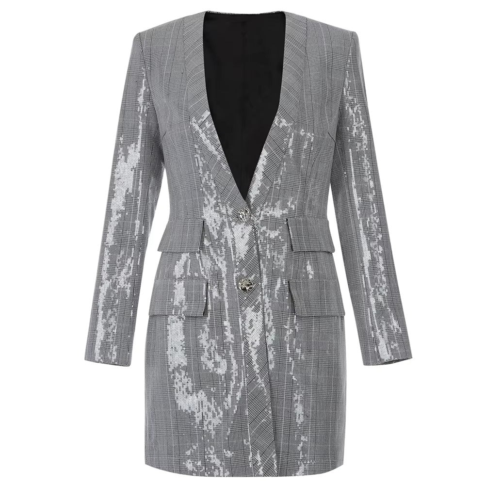 Sequin Deep V Blazer Dress by Luxe Lane | Blazer from Luxe Lane | SKU: -1 | Barcode:  | Options: Silver XS(4) | Sequin Deep V Blazer Dress