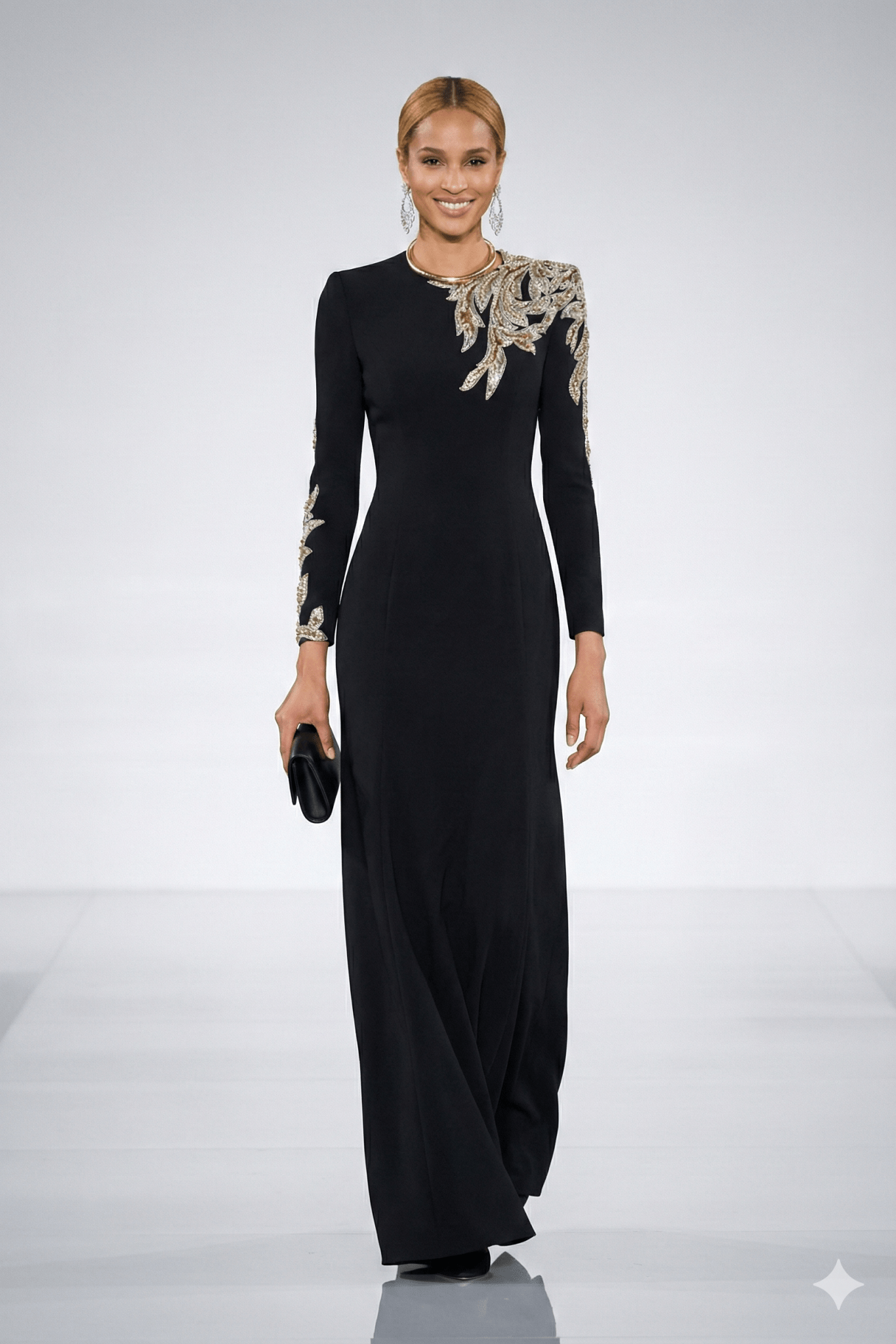 Sequin Embroidered Long Sleeve Maxi Gown by Shine | Party dresses from Luxe Lane | SKU: -1 | Barcode:  | Options: Black S(6) | Woman wearing a black evening gown with gold embroidery on a gray background