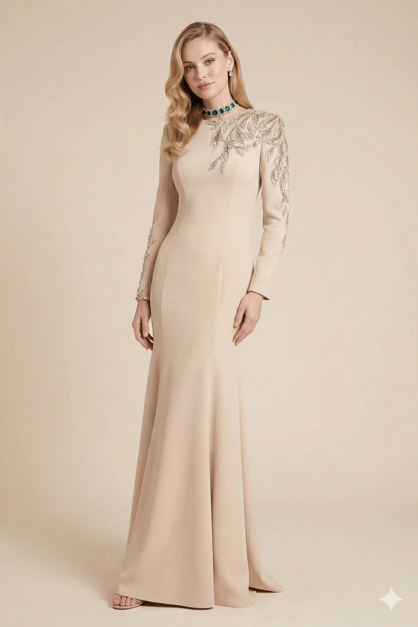 Sequin Embroidered Long Sleeve Maxi Gown by Shine | Party dresses from Luxe Lane | SKU: -1 | Barcode:  | Options: Black S(6) | Woman wearing a beige evening gown with intricate detailing on a beige background