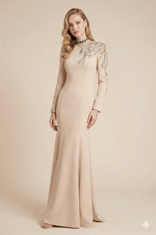 Sequin Embroidered Long Sleeve Maxi Gown by Shine | Party dresses from Luxe Lane | SKU: -1 | Barcode:  | Options: Black S(6) | Woman wearing a beige evening gown with intricate detailing on a beige background
