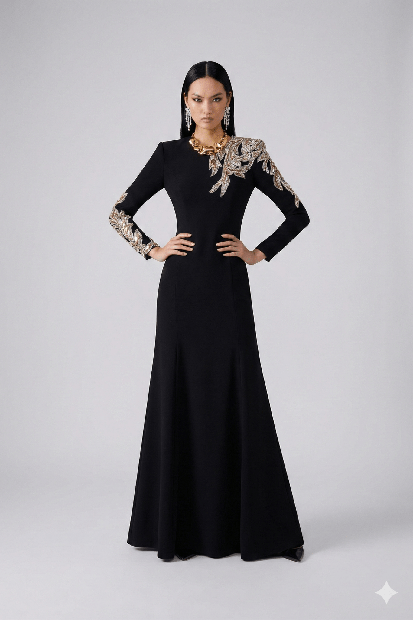 Sequin Embroidered Long Sleeve Maxi Gown by Shine | Party dresses from Luxe Lane | SKU: -1 | Barcode:  | Options: Black S(6) | Black evening gown with intricate gold embroidery on sleeves against a gray background