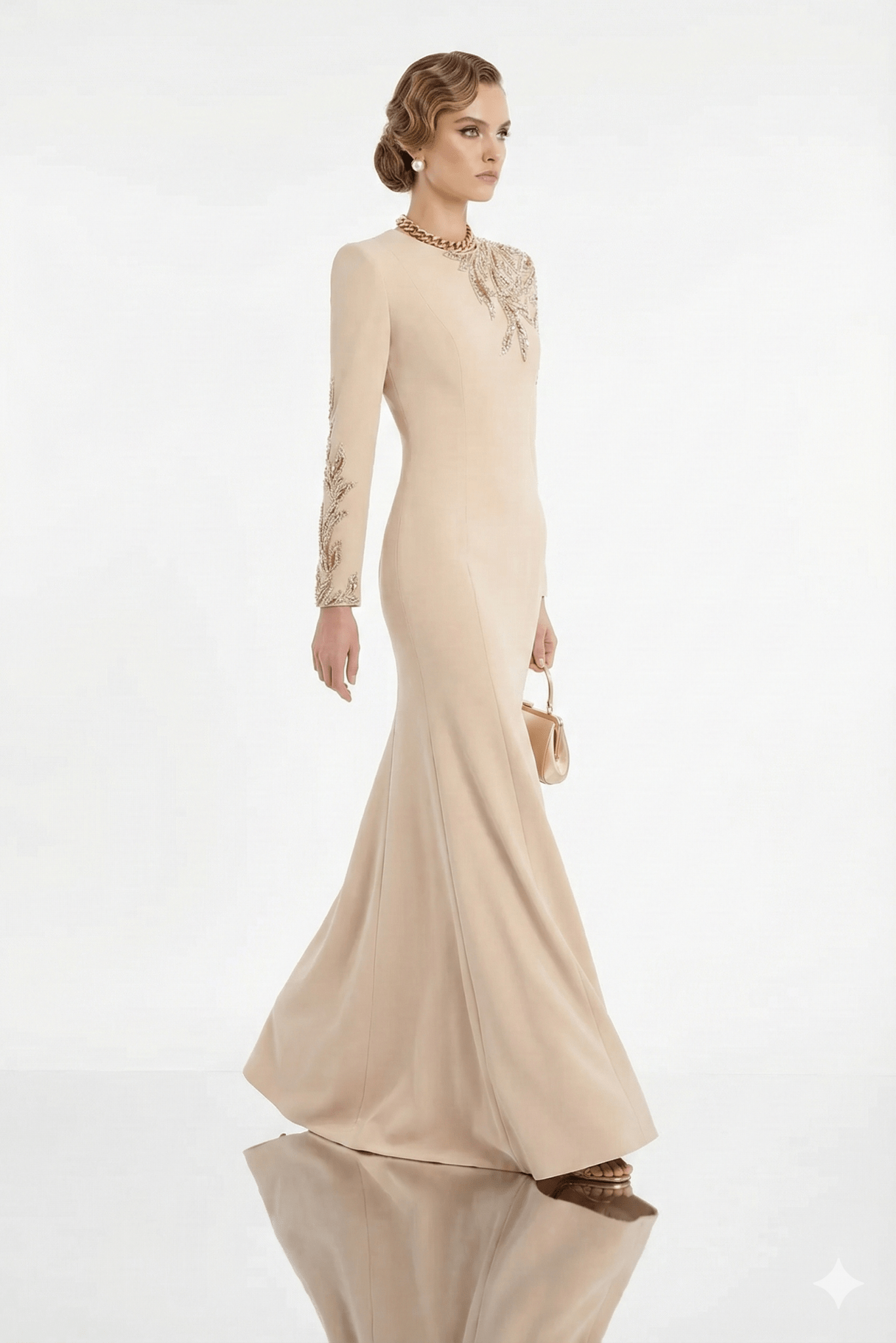 Sequin Embroidered Long Sleeve Maxi Gown by Shine | Party dresses from Luxe Lane | SKU: -1 | Barcode:  | Options: Black S(6) | Woman wearing a beige evening gown with long sleeves and a fitted silhouette on a white background