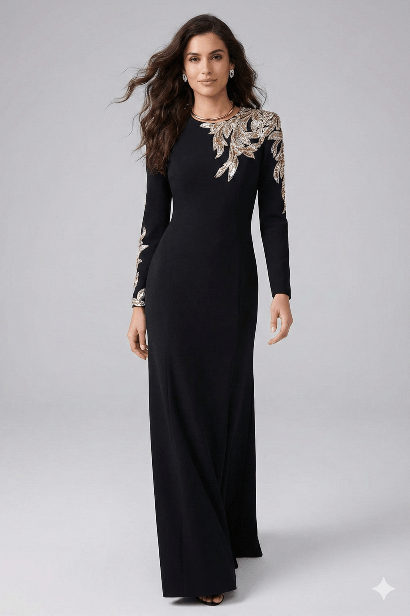 Sequin Embroidered Long Sleeve Maxi Gown by Shine | Party dresses from Luxe Lane | SKU: -1 | Barcode:  | Options: Black S(6) | Woman wearing a black evening gown with gold embroidery on a gray background