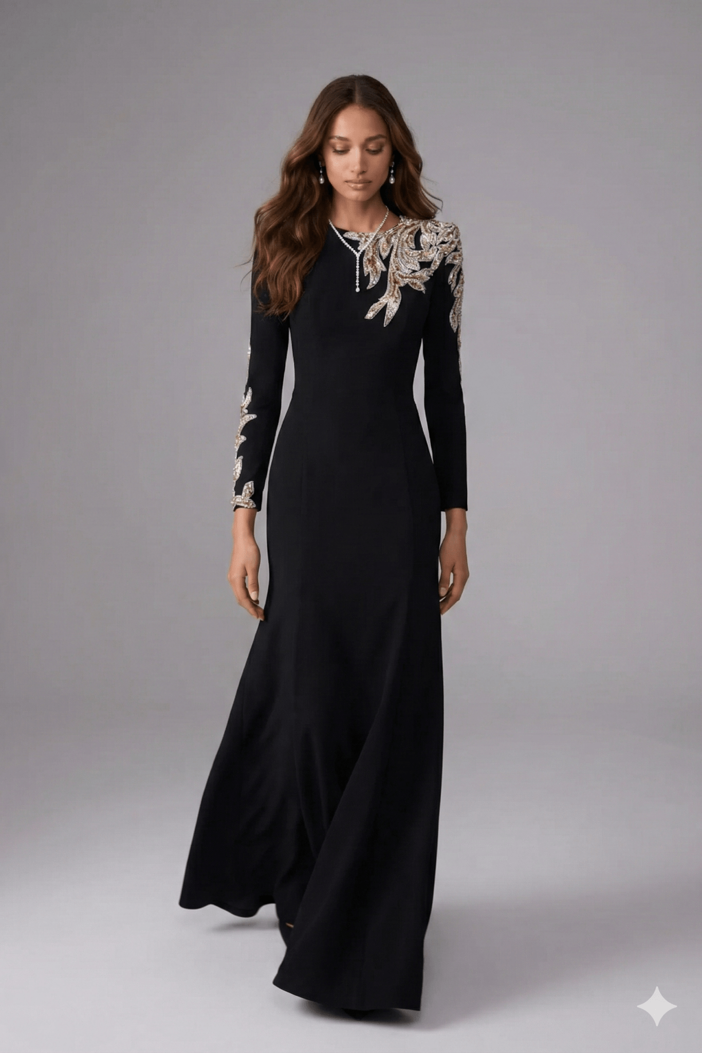 Sequin Embroidered Long Sleeve Maxi Gown by Shine | Party dresses from Luxe Lane | SKU: -1 | Barcode:  | Options: Black S(6) | Black evening gown with floral embellishments on sleeves against a gray background