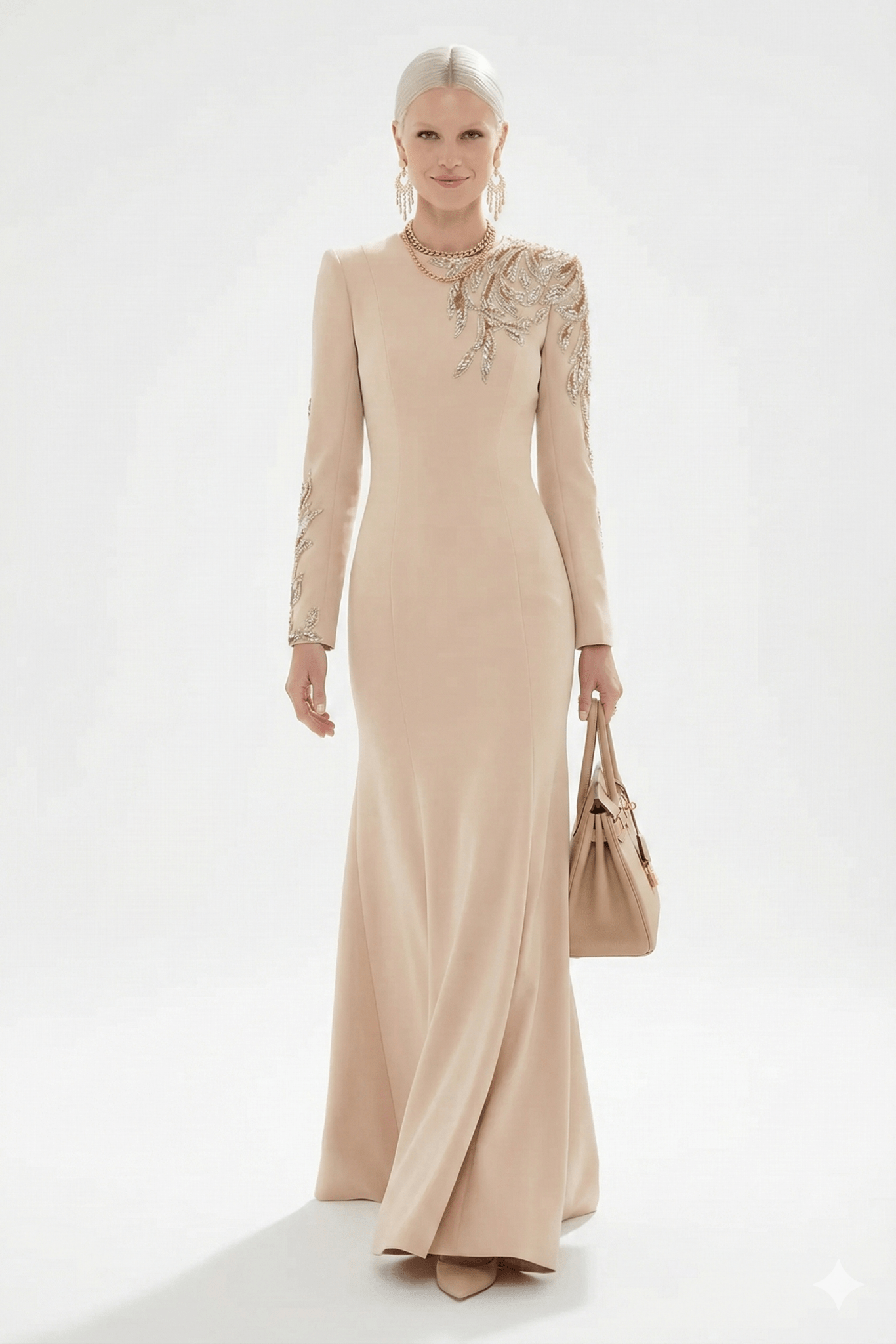 Sequin Embroidered Long Sleeve Maxi Gown by Shine | Party dresses from Luxe Lane | SKU: -1 | Barcode:  | Options: Black S(6) | Woman wearing a beige evening gown with floral details on a white background
