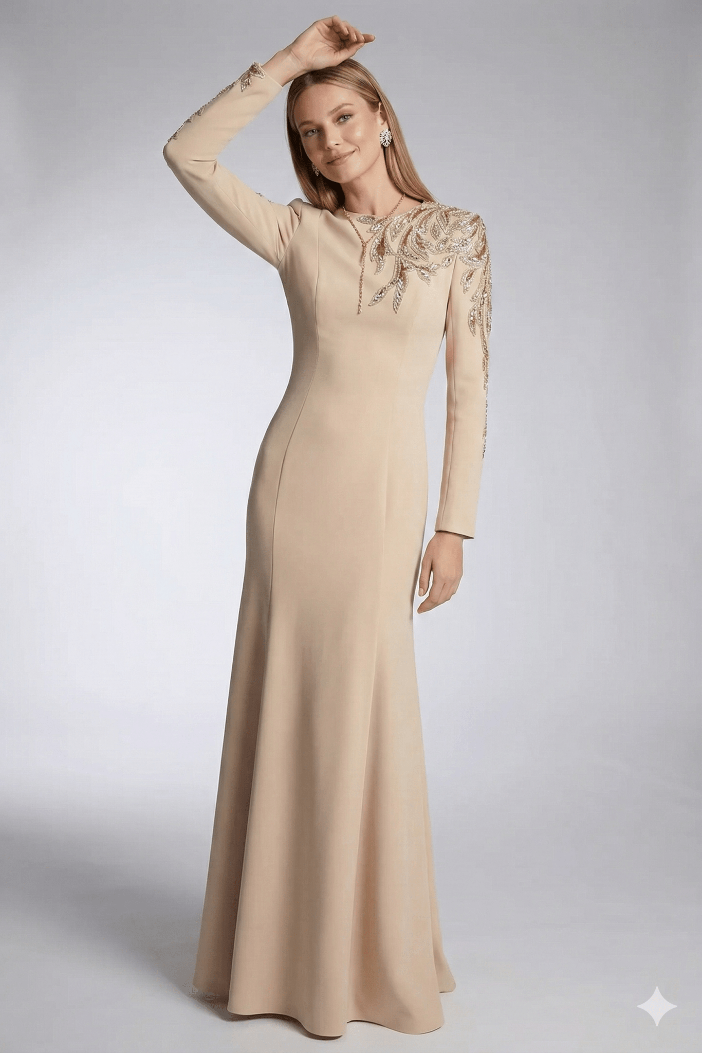 Sequin Embroidered Long Sleeve Maxi Gown by Shine | Party dresses from Luxe Lane | SKU: -1 | Barcode:  | Options: Black S(6) | Woman wearing a beige evening gown with floral embellishments on a white background