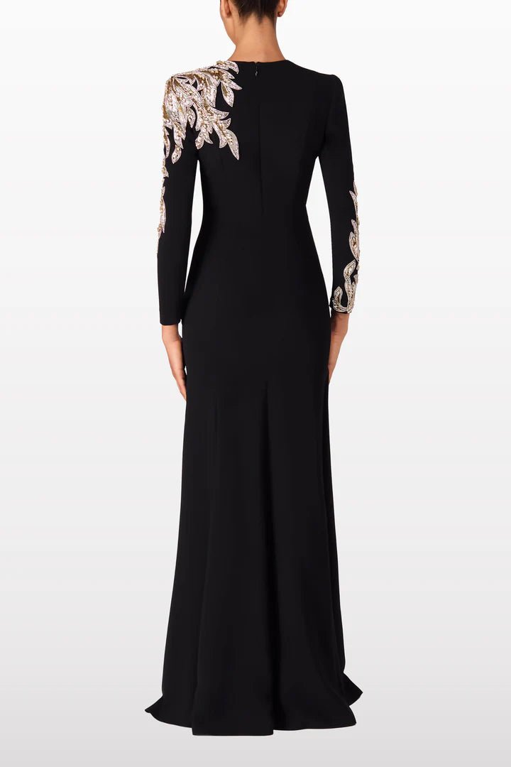 Sequin Embroidered Long Sleeve Maxi Gown by Shine | Party dresses from Luxe Lane | SKU: -1 | Barcode:  | Options: Black S(6) | Black evening gown with floral embroidery on sleeves against a white background